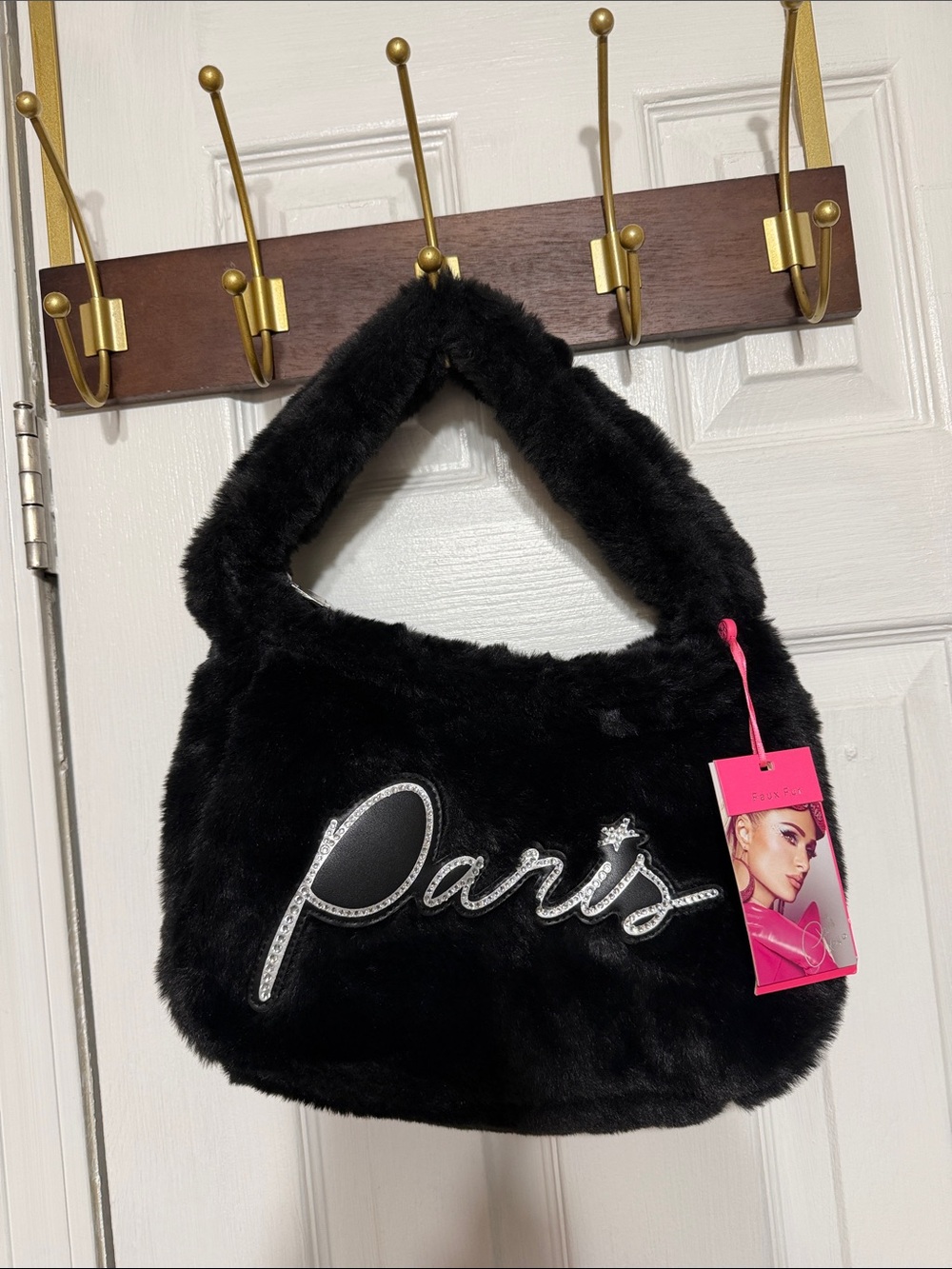Paris Hilton Black Faux Forever Fur Baguette Bag with Silver Script